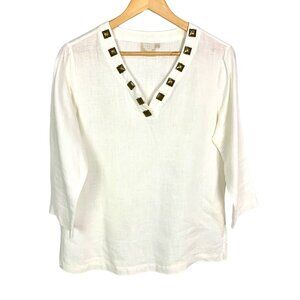 Lantana White Linen Top Lagenlook Studded V-Neck 3/4 Sleeves S Coastal Grandma